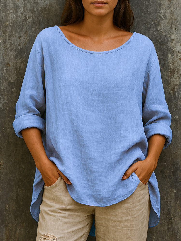 🦋🦋【S-3XL】Luźny, modny T-shirt z okrągłym dekoltem, wykonany z bawełny i lnu, w stylu retro – w większych rozmiarach.