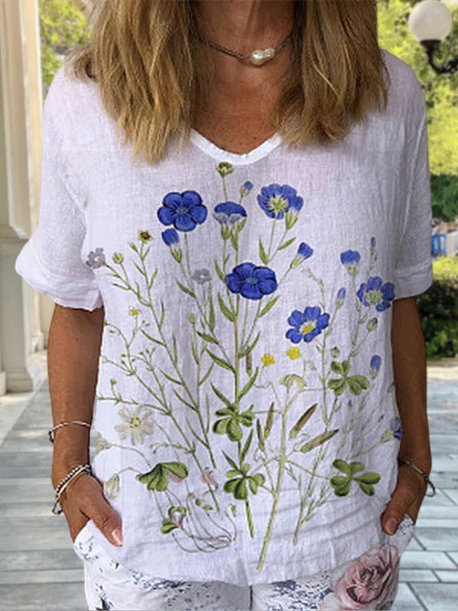 💐🌈T-shirt z krótkim rękawem z lnu i bawełny z nadrukiem w kwiaty