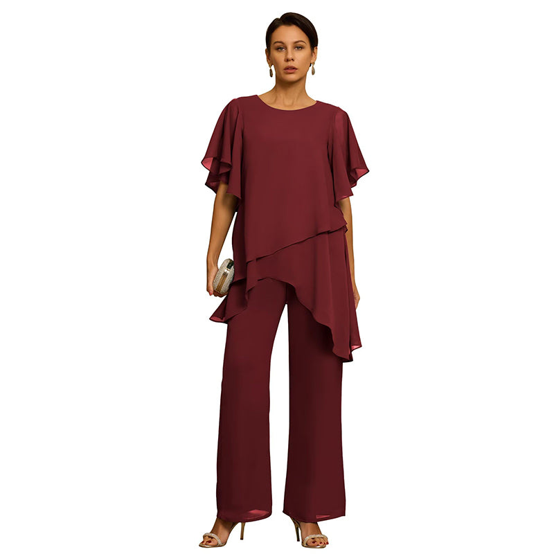 【S-3XL】Elegante Conjunto de Chifón: Top Asimétrico με Volantes y Pantalón Ancho – Look Sofisticado para Eventos