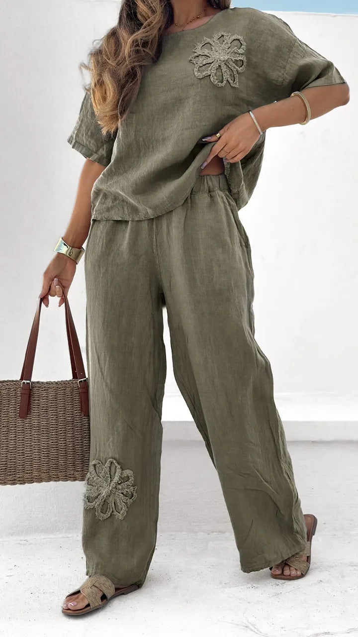 【40-120 kg】【S-5XL】👩💼Elegancki dwuczęściowy komplet damski z haftowanymi kwiatami【Top + Spodnie】