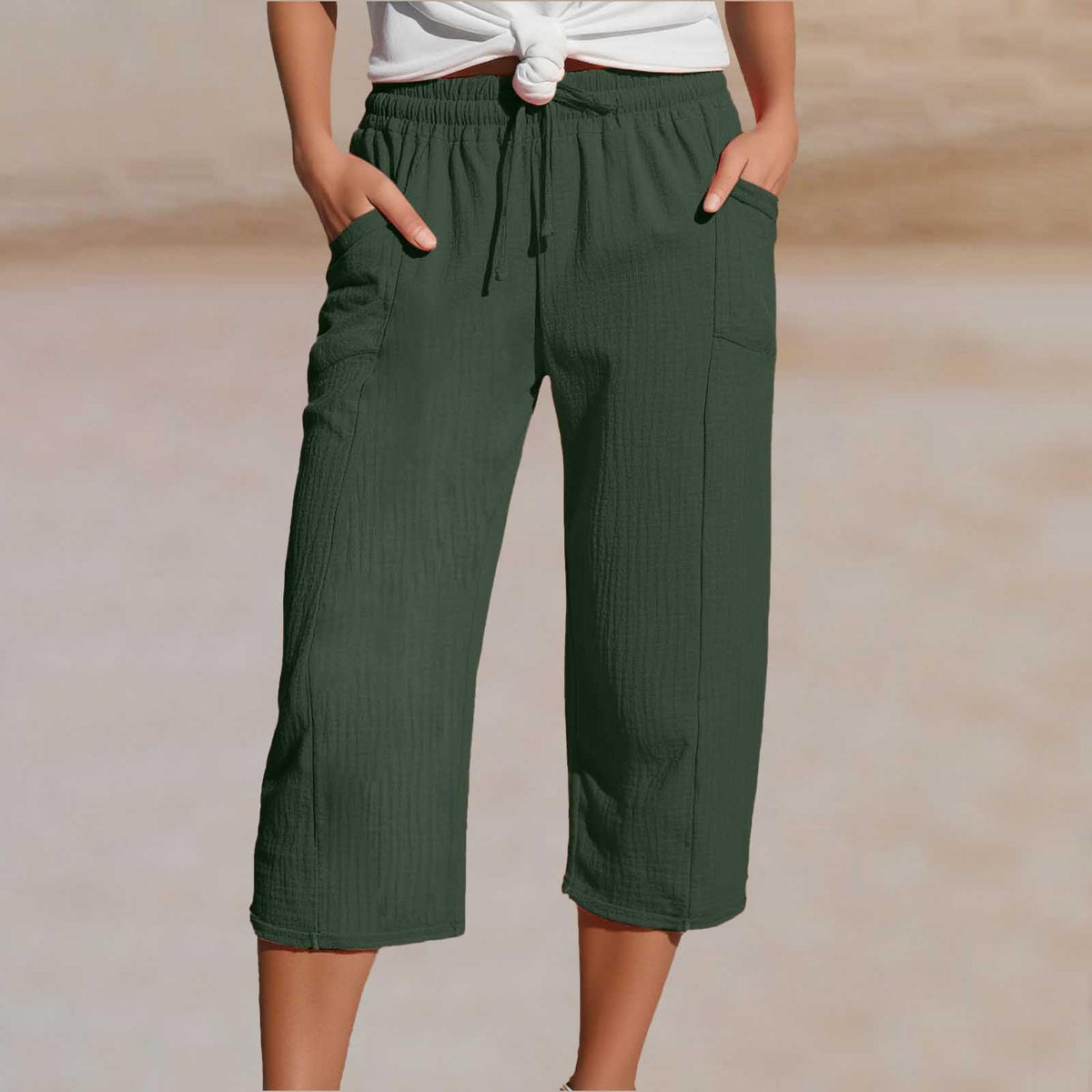 🌸【40-100kg】Damskie gładkie spodnie cropped, plisowane, z bawełny i lnu