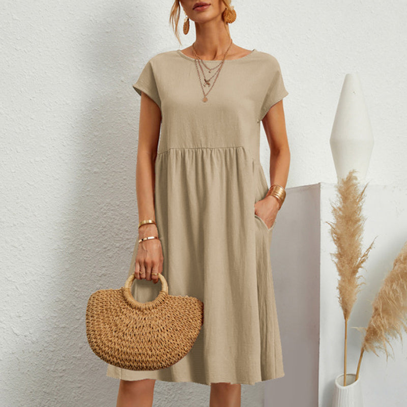 😍【Promocja na zmianę sezonu】👗【Rozmiary S-5XL】 Damska sukienka lniano-bawełniana nowość 2026, z dekoltem okrągłym, wygodnym krojem