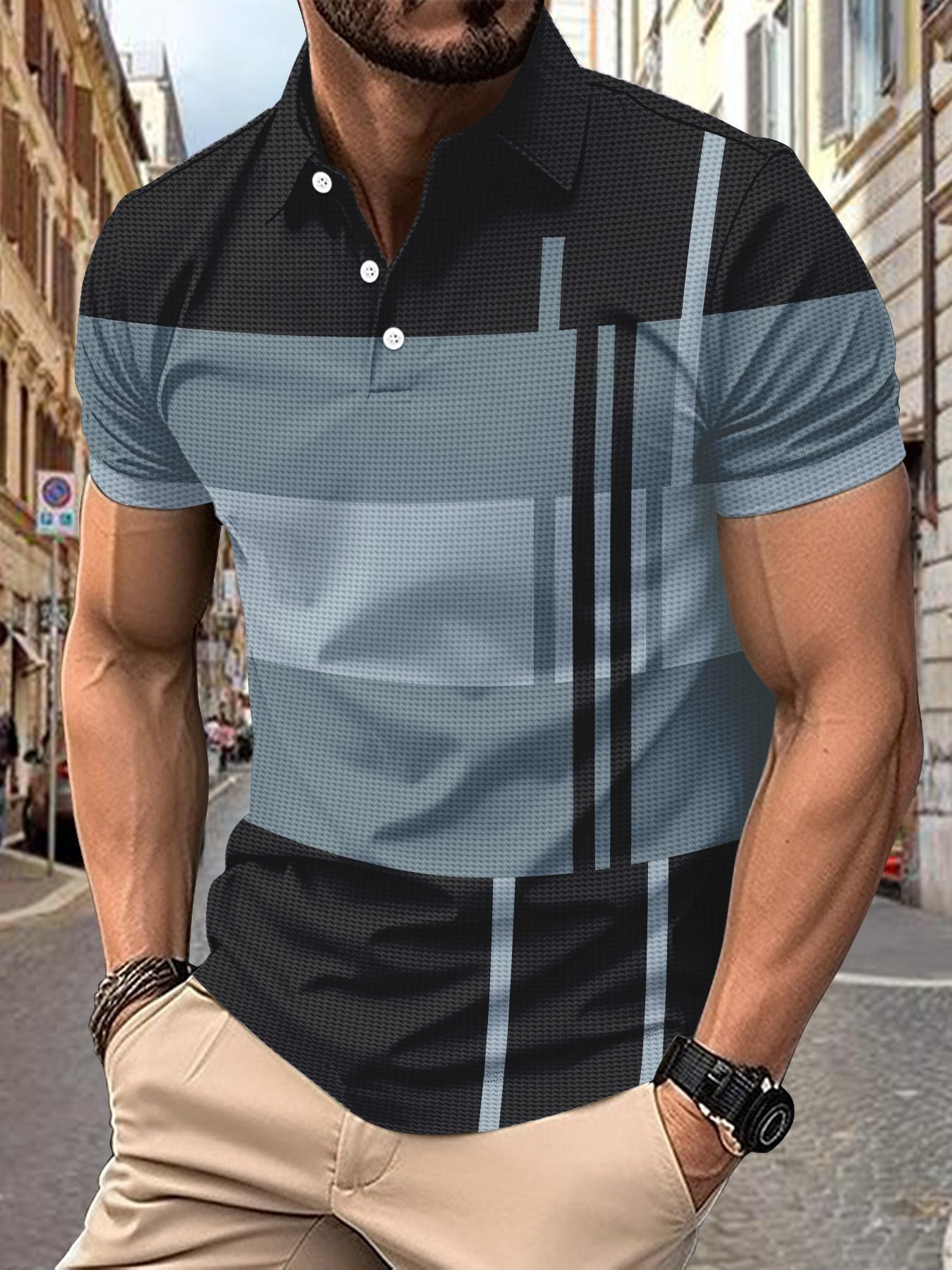 💥Εποχιακή προσφορά 👕Ανδρική μπλούζα Polo με ρίγες, κοντό μανίκι και γιακά (S-5XL)