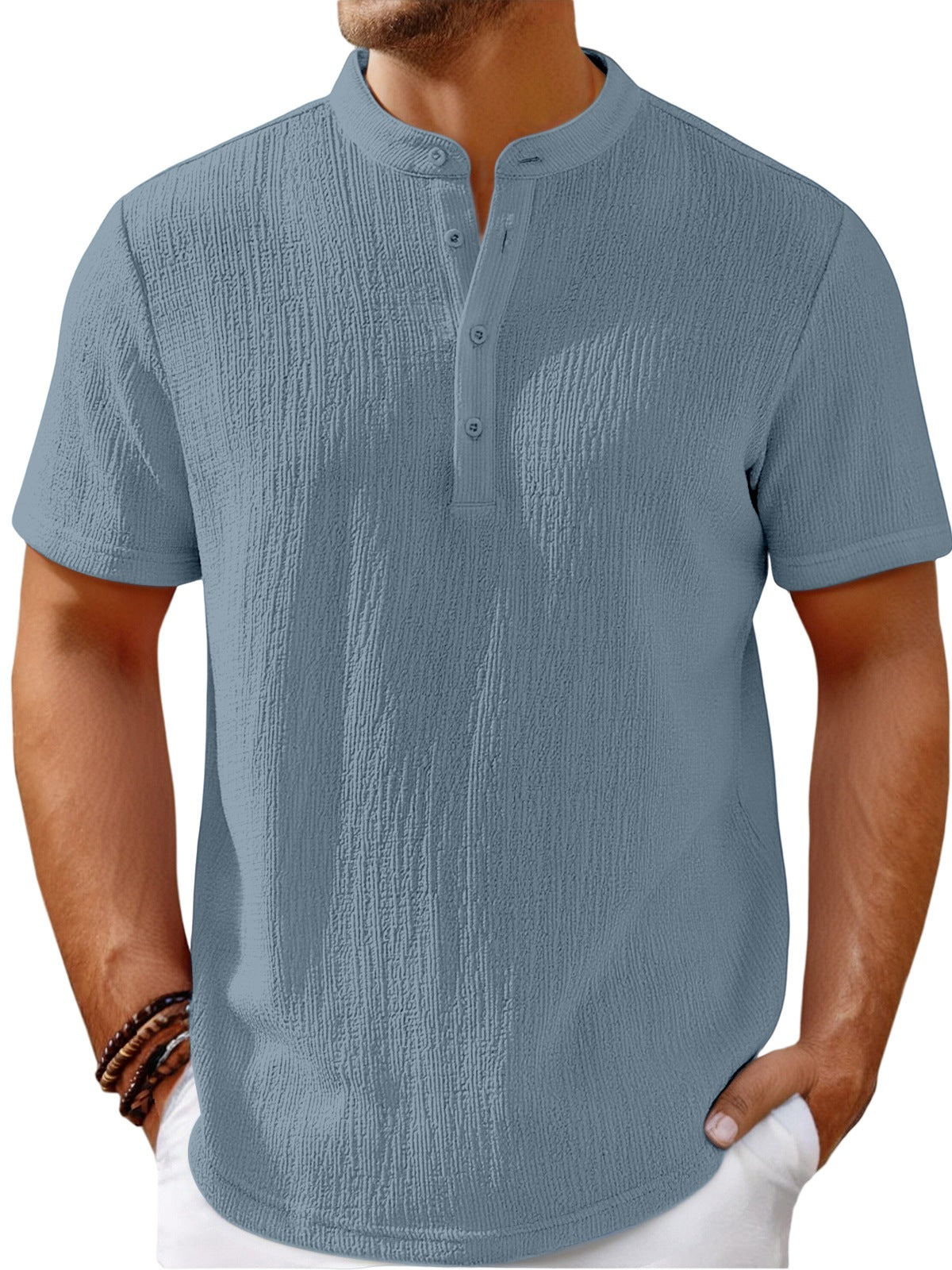 【S-4XL】Męski T-shirt o efektownej fakturze i dekolcie typu Henley – wygodny i stylowy na co dzień