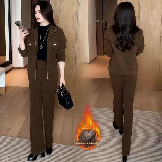 🏆【Pantaloni + Jacheta】🔥Nou costum de iarnă din catifea îngroșat din două piese pentru femei
