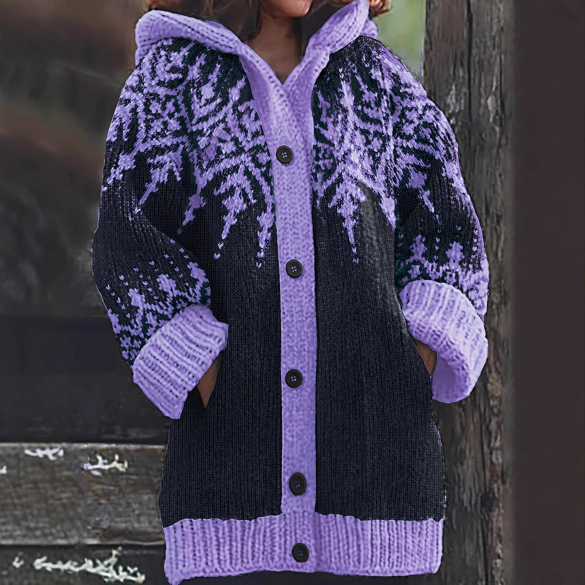 ⛄【S~5XL】❄Elegancka kurtka retro z kapturem, z motywem płatków śniegu i blokami kolorów