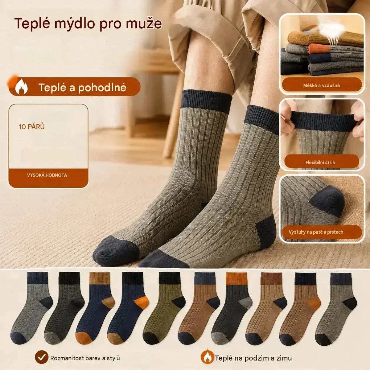 【10 párů】【38–47】Nové, teplé, pletené pánské ponožky s barevnými bloky v retro stylu