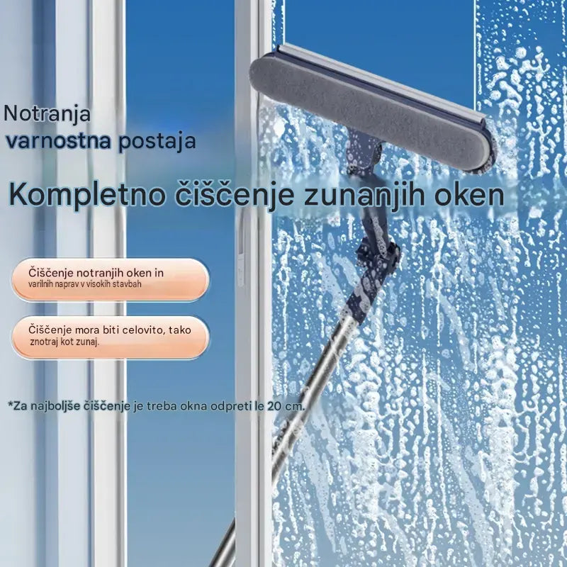 Dvostranski čistilec oken 2 v 1 z raztegljivim ročajem za čiščenje oken na visokih stavbah.