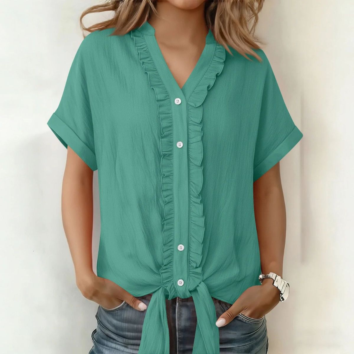 👚Νέο μοντέρνο γυναικείο casual μονόχρωμο πουκάμισο με V ντεκολτέ και βολάν