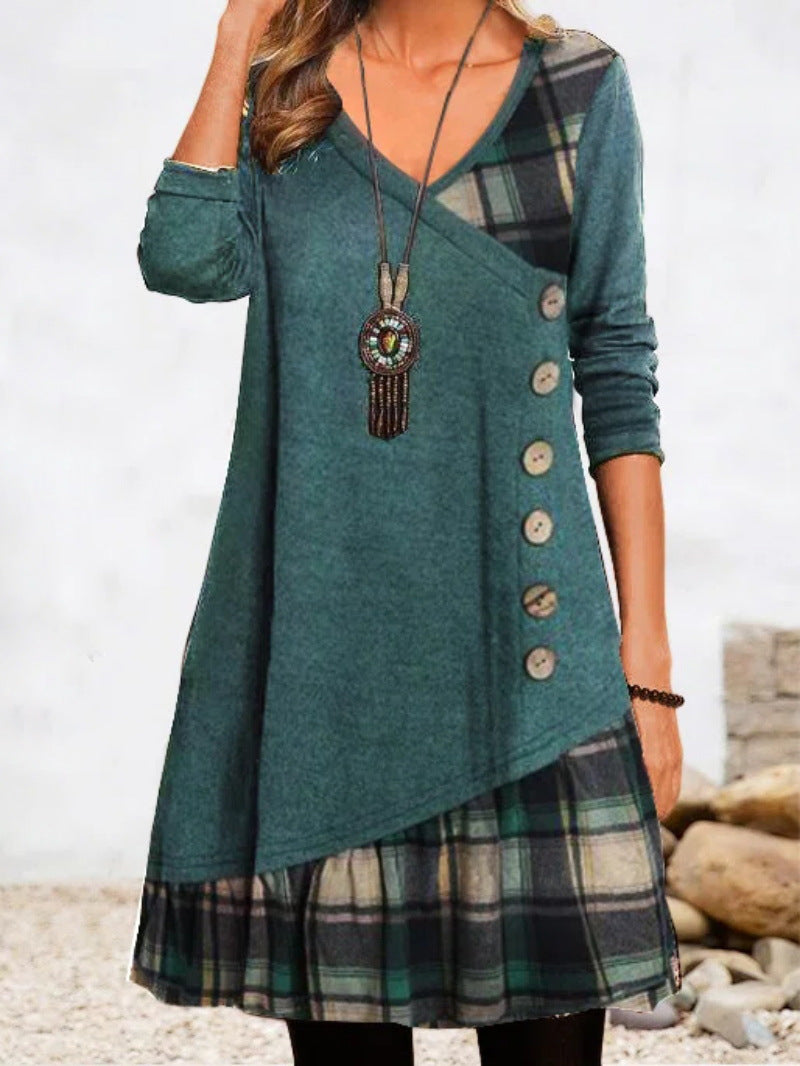 💟👗【S-3XL】 2026 Nowa elegancka sukienka w kratę z dekoltem w kształcie litery V, z długim rękawem