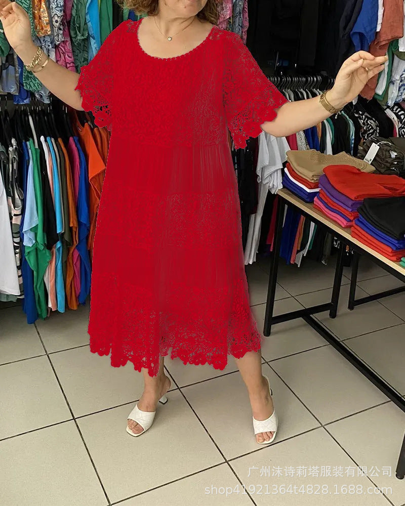 🌺👗【S-5XL】Nowa koronkowa sukienka z krótkim rękawem i okrągłym dekoltem