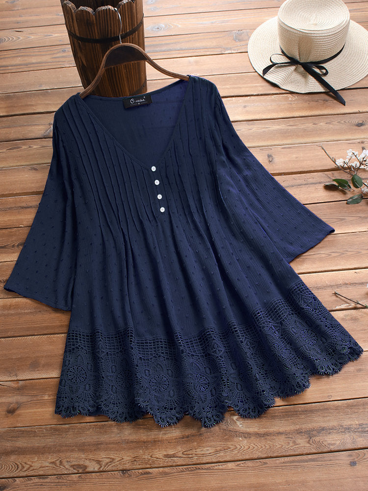 【S-5XL】👚Żakardowa plisowana koszula z koronką i dekoltem w serek🌺【50-120KG】