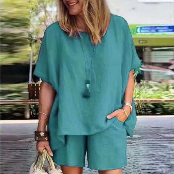 Plata la livrare 【M-5XL】Top cu mânecă scurtă + pantaloni scurți set de două piese de damă