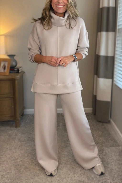 Sweter z wysokim golfem w stylu minimalistycznym + proste spodnie casualowe