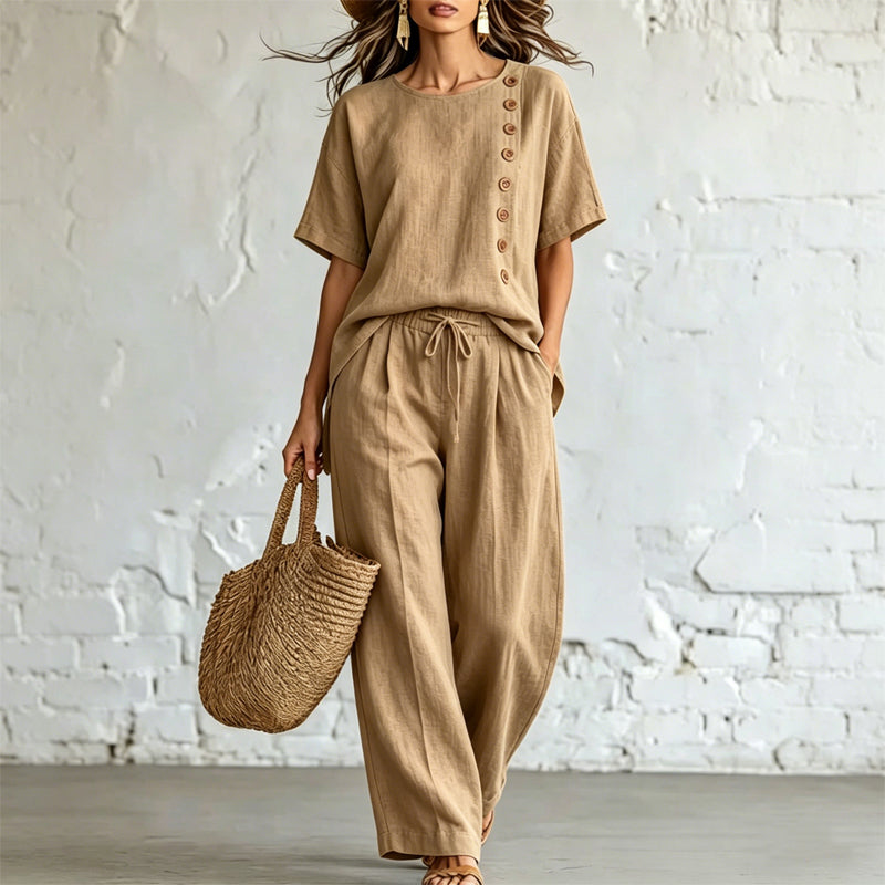 🎨【Komplet T-shirt + szerokie spodnie】Nowoczesny casual z bawełny i lnu, wygodny i przewiewny