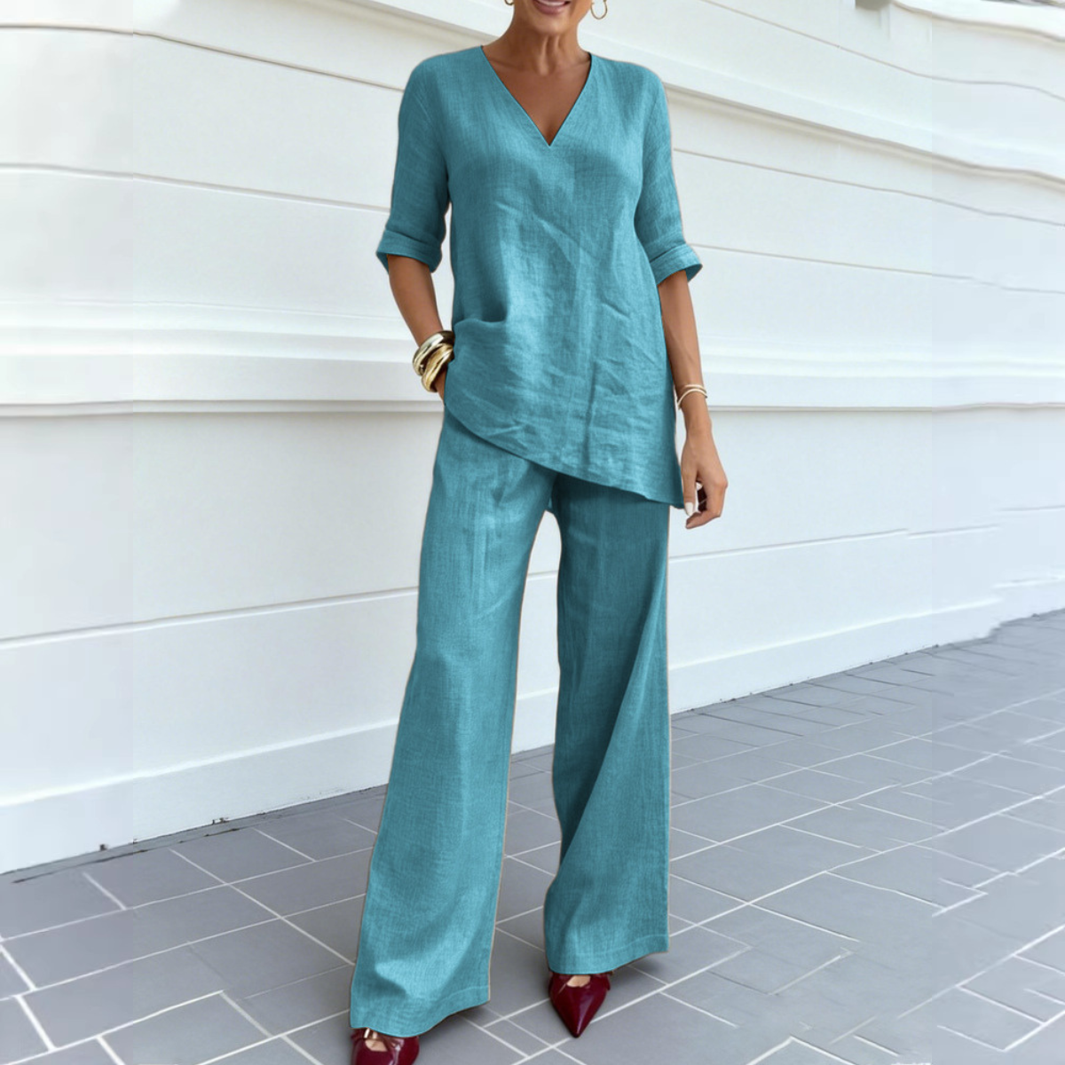 ❤️Drugi komplet -50%💥【40-100kg】2026 Bawełniano-lniany zestaw: koszulka V-neck + spodnie proste ✅Płatność za pobraniem