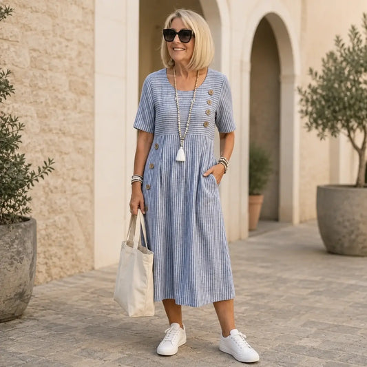 👗🏕️【S-2XL】Lahka in lepa črtasta midi obleka