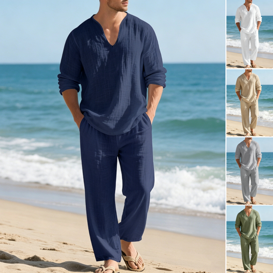 🌴 50% zniżki🔥Męski lniany komplet casualowy 【Top + spodnie】Luźny krój, dekolt V, idealny na plażę. ✅Płatność za pobraniem