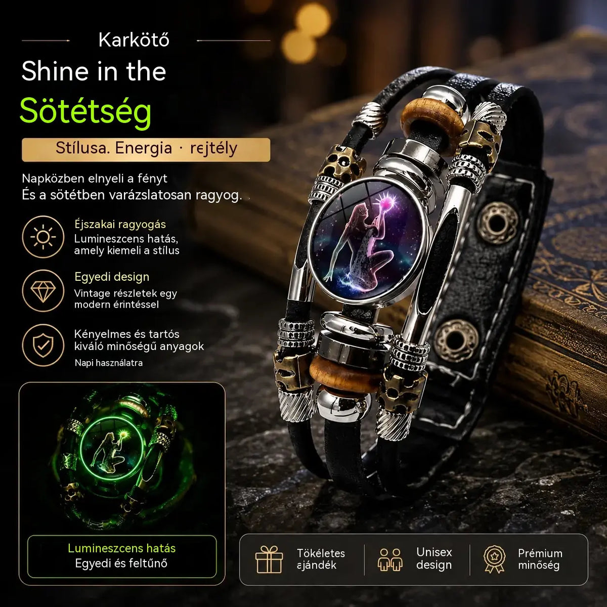 🌙 Világító Zodiákus Bőr Karkötő – 3 Rétegű Fonott, Állítható Hosszú, Uniszex 💫✨