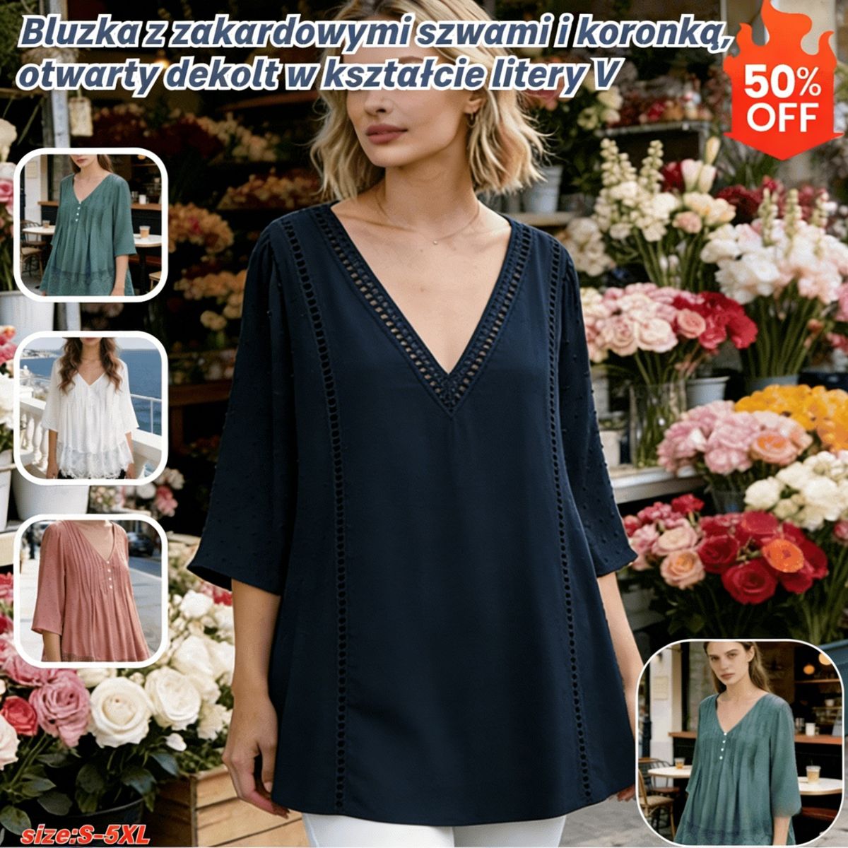 【S-5XL】👚Żakardowa plisowana koszula z koronką i dekoltem w serek🌺【50-120KG】