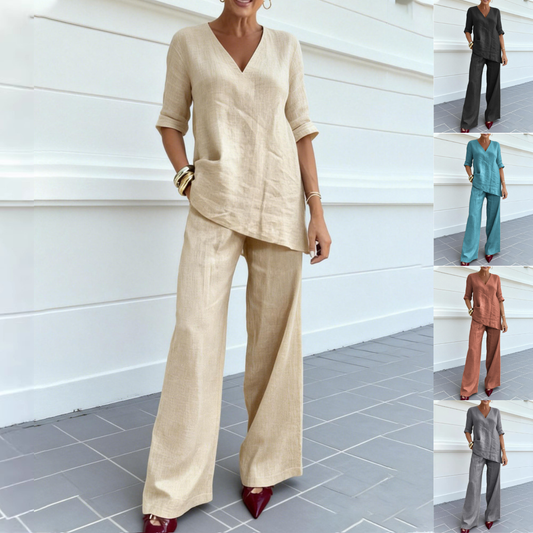 ❤️Drugi komplet -50%💥【40-100kg】2026 Bawełniano-lniany zestaw: koszulka V-neck + spodnie proste ✅Płatność za pobraniem