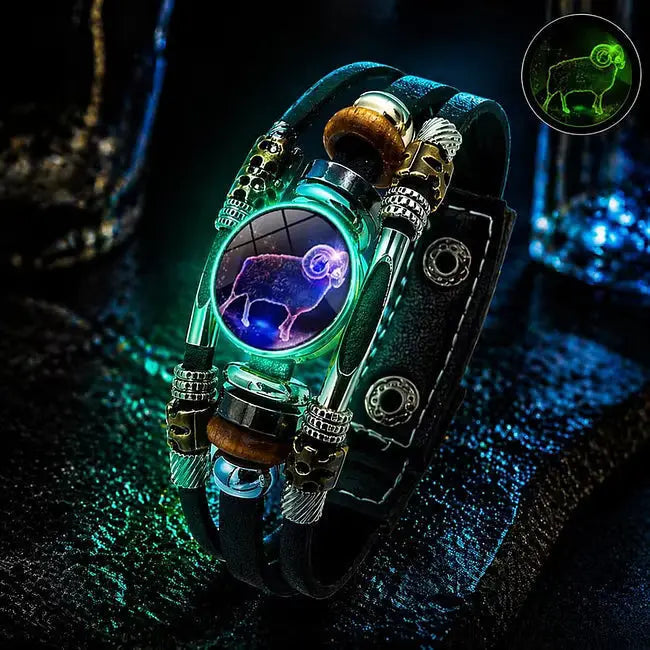 🌙 Svetleča usnjena zapestnica z zodiakalnim simbolom – 3-plastna pletenica, nastavljiva dolžina, unisex 💫✨