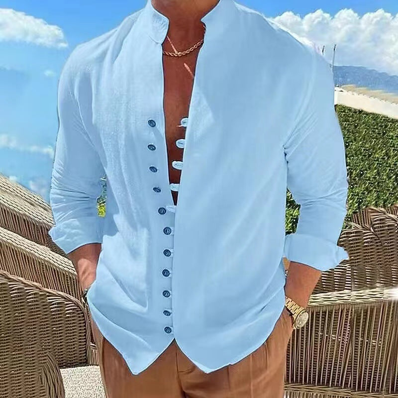 🔥🔥【S-3XL】Cămașă casual pentru bărbați cu guler stand cu nasturi