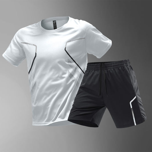 [M-5XL] Dwuczęściowy męski kombinezon sportowy wykonany z szybkoschnącego materiału ice silk – wygodna koszulka z krótkim rękawem i spodenki