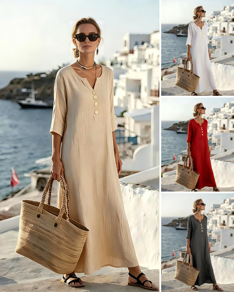 💗【S-3XL】👗Damska sukienka z bawełny i lnu, z bufiastymi rękawami i guzikami