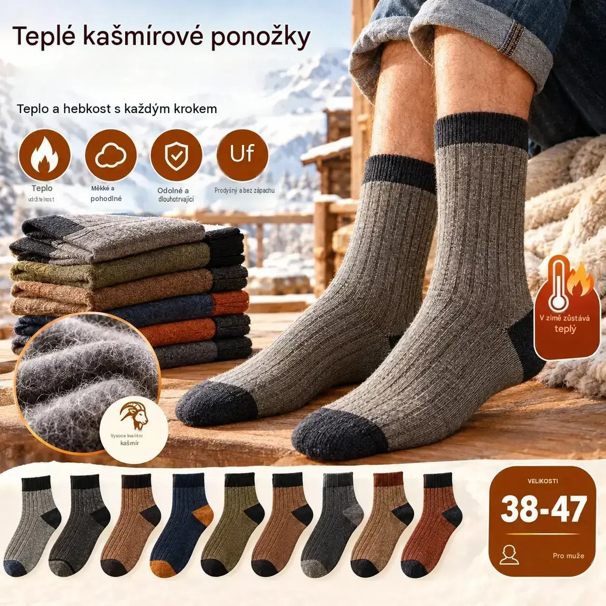 【10 párů】【38–47】Nové, teplé, pletené pánské ponožky s barevnými bloky v retro stylu