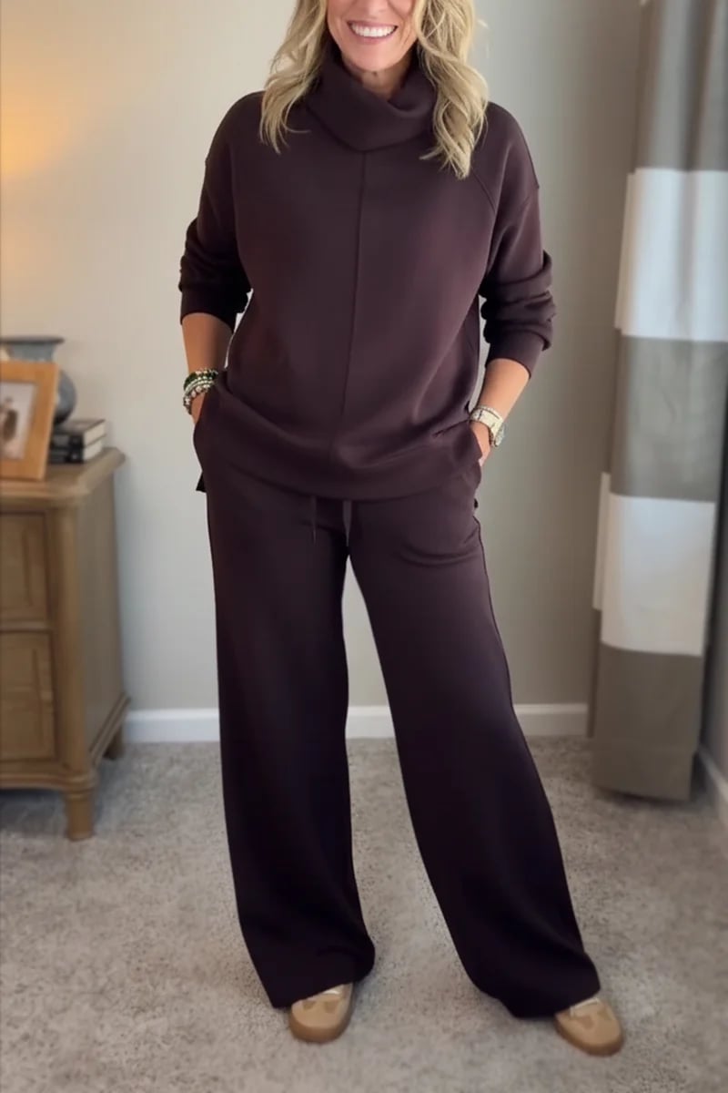 Sweter z wysokim golfem w stylu minimalistycznym + proste spodnie casualowe