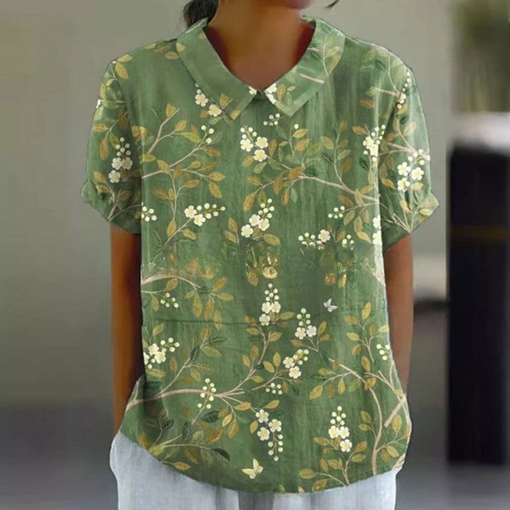 💐🌈T-shirt z krótkim rękawem z bawełny i lnu z kwiatowym nadrukiem