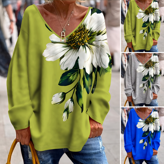 💐【S-2XL】Top damski wiosenno-jesienny modny, dekolt w szpic, kwiatowy nadruk