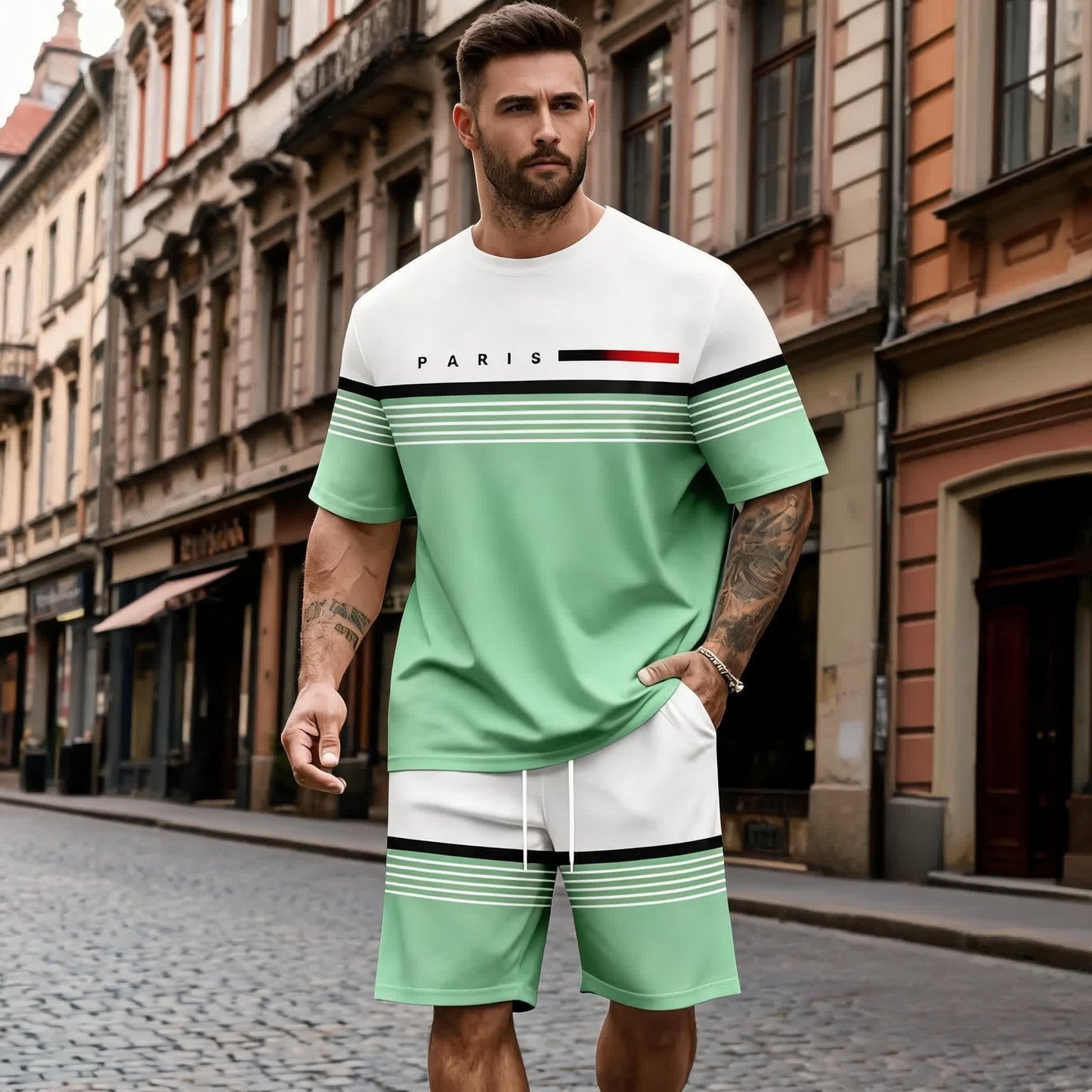 【S-5XL】Pánská ležérní a pohodlná souprava s košilí s krátkým rukávem a kraťasy s tištěným nápisem.