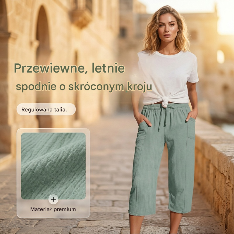 🌸【40-100kg】Damskie gładkie spodnie cropped, plisowane, z bawełny i lnu