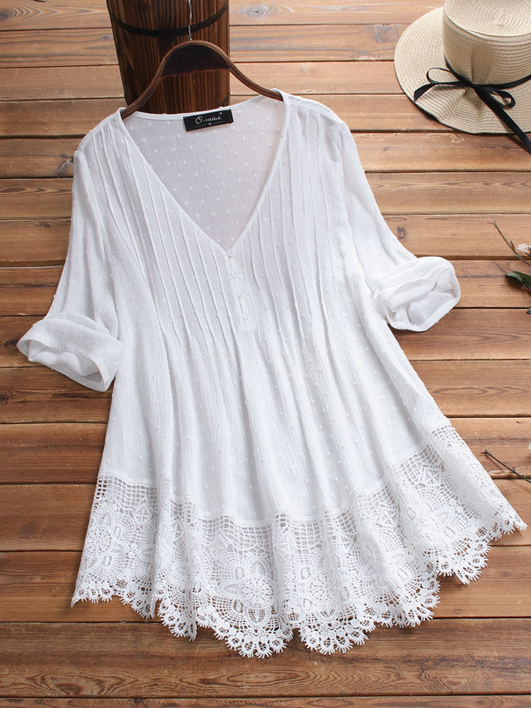 【S-5XL】👚Żakardowa plisowana koszula z koronką i dekoltem w serek🌺【50-120KG】