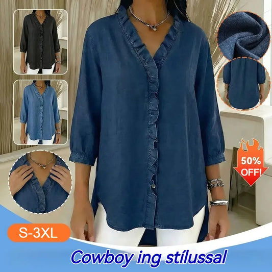 🔥50% kedvezmény【S-3XL】Női alkalmi farmer ing V-nyakkal és fodrokkal