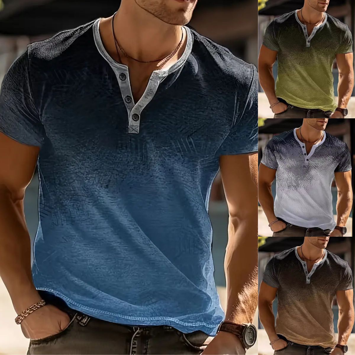 🔥Wyprzedaż sezonowa - 50% zniżki 🔥 Nowy męski T-shirt Henley w paski z efektem ombre 2026