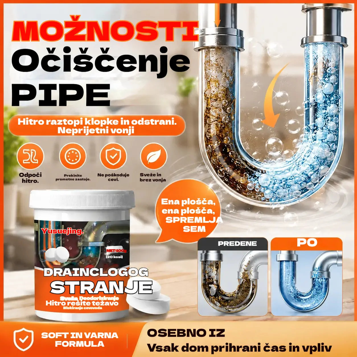 🔥50 % POPUST 【2 za 23 evrov】❤️ Močne šumeče čistilne tablete, ki hitro raztopijo zamašitve zaradi mastnih las in odmašijo odtoke; so tudi dezodorirajoče in antibakterijske.