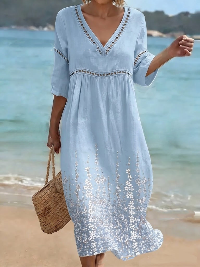 👗【S-3XL】Ženska dolga obleka iz bombaža in lana s potiskom - poletni stil, V-izrez