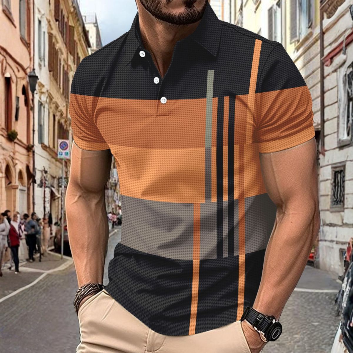 💥Εποχιακή προσφορά 👕Ανδρική μπλούζα Polo με ρίγες, κοντό μανίκι και γιακά (S-5XL)