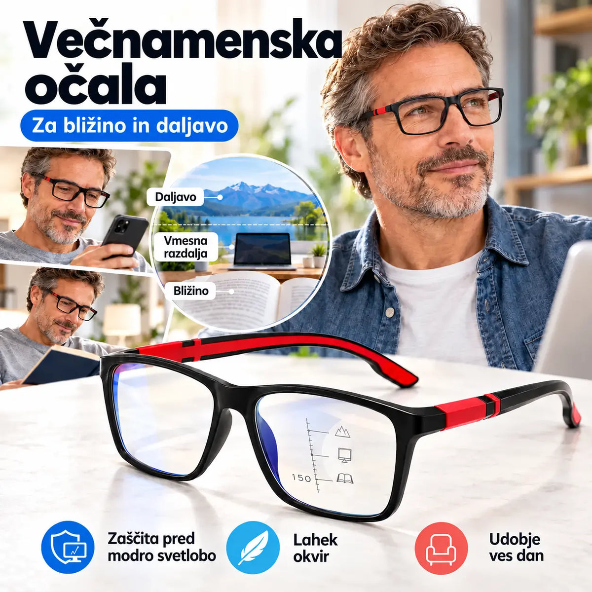 👓 Športna večžariščna očala za branje ✨ Fotokromatska stekla | Za vid na blizu in daleč | Zasnova, ki preprečuje drsenje