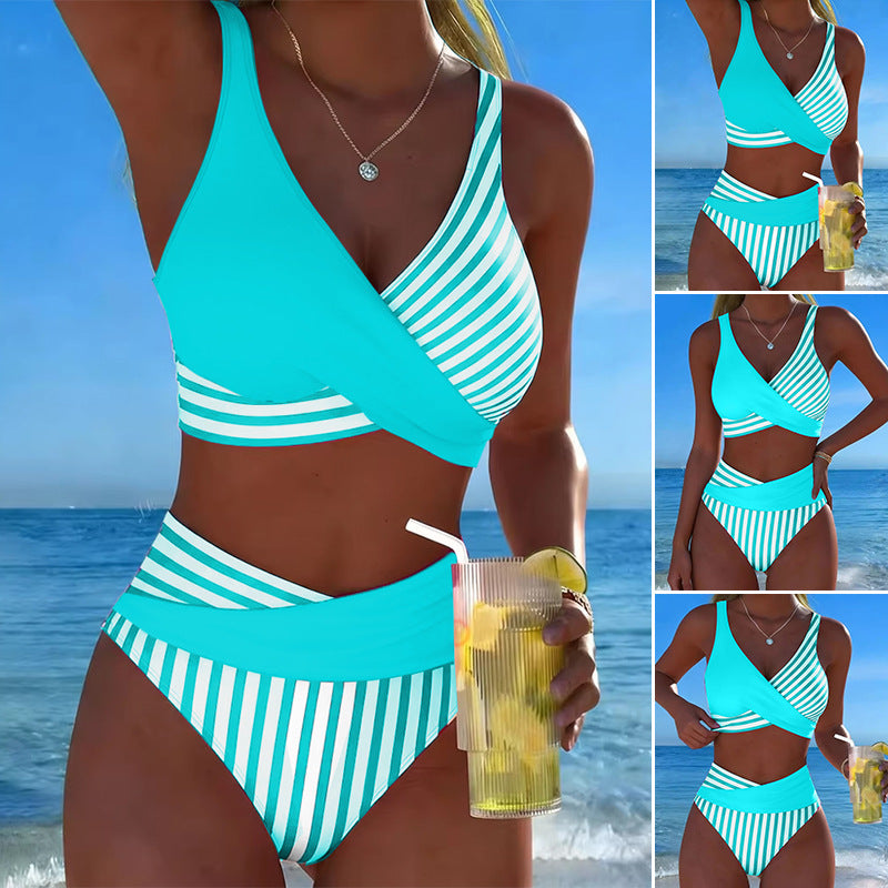 【40-100 kg】Dvoudílné bikiny s barevnými bloky a pruhy