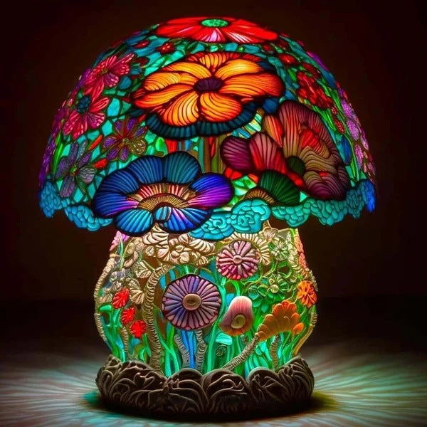 🍄Lampa stołowa w kształcie grzyba, witraż o tematyce roślinnej, retro lampka nocna, wykonana z kolorowej żywicy.