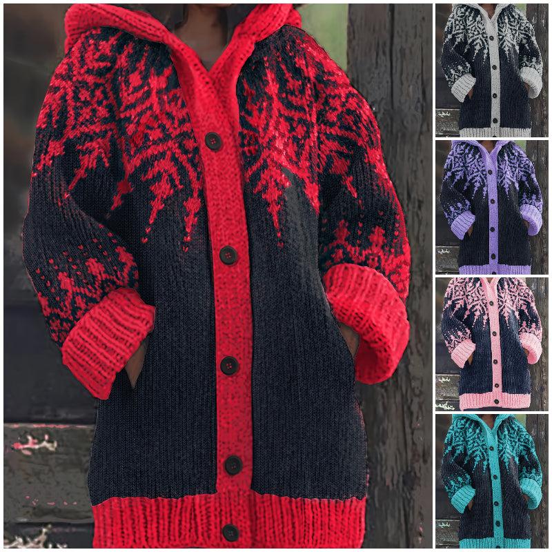 ⛄【S~5XL】❄Elegancka kurtka retro z kapturem, z motywem płatków śniegu i blokami kolorów