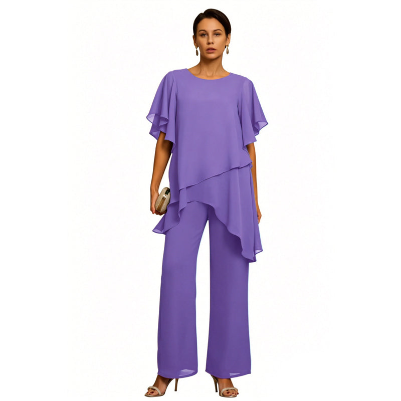 【S-3XL】Elegante Conjunto de Chifón: Top Asimétrico με Volantes y Pantalón Ancho – Look Sofisticado para Eventos