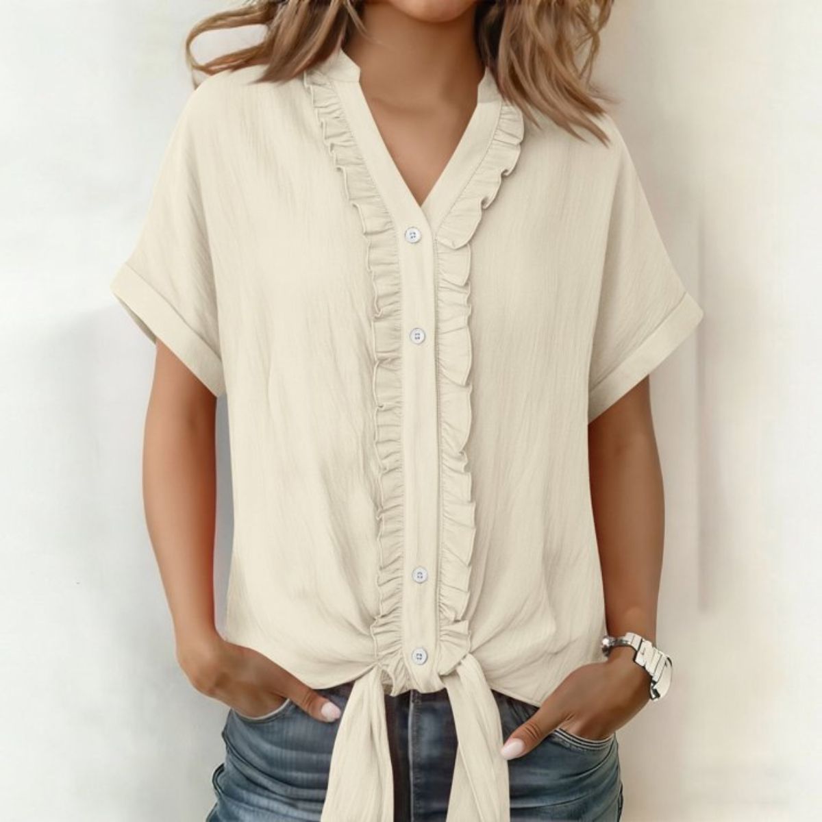 👚Νέο μοντέρνο γυναικείο casual μονόχρωμο πουκάμισο με V ντεκολτέ και βολάν