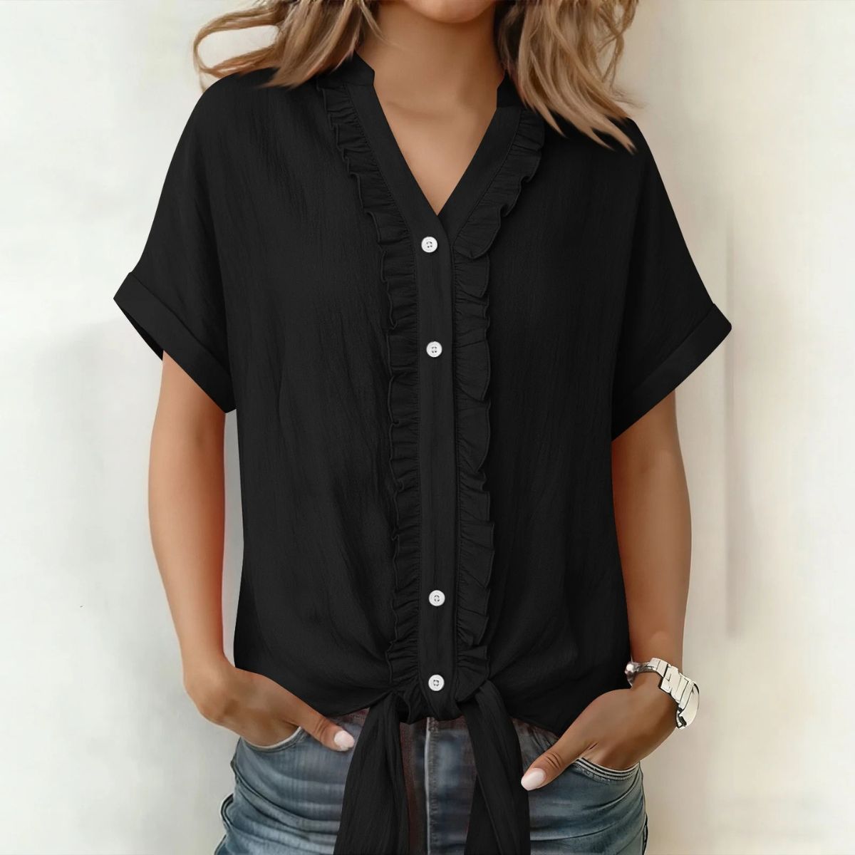 👚Νέο μοντέρνο γυναικείο casual μονόχρωμο πουκάμισο με V ντεκολτέ και βολάν