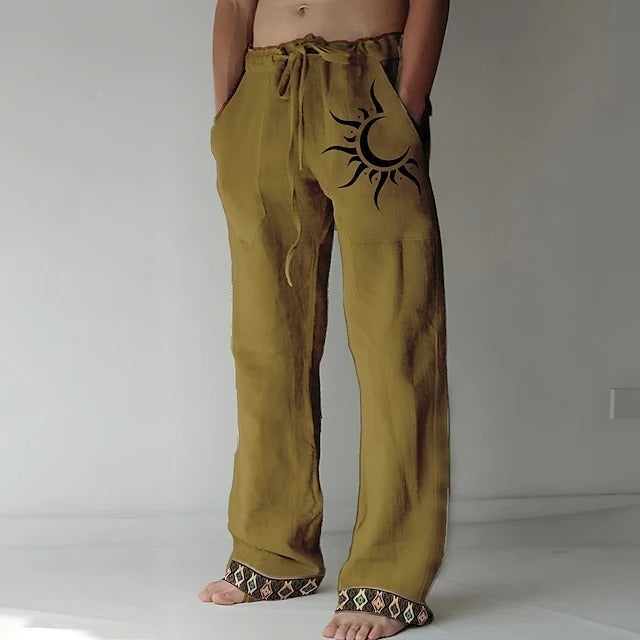 👖🌙【50% zniżki 🔥】【S–6XL】Nowe męskie spodnie z bawełny i lnu z księżycowym wzorem, luźny krój z szerokimi prostymi nogawkami, duże rozmiary