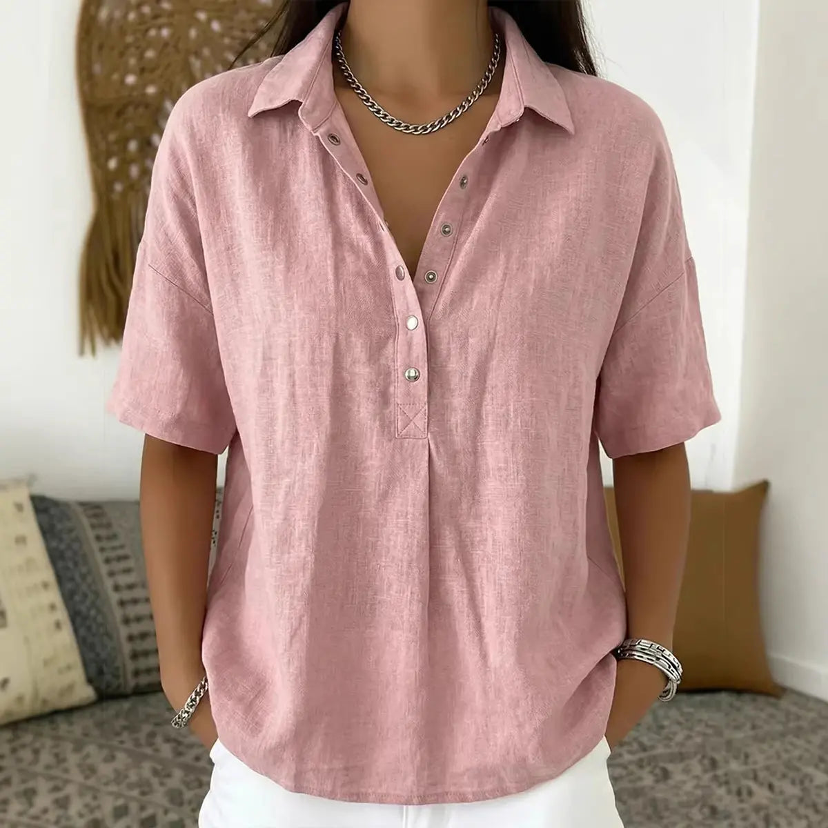⏳ Poslední den, sleva 50 %! 【S-3XL】Dámská bavlněná a lněná košile s krátkým rukávem, úzký střih, všestranná, prodyšná, pohodlná a bezstarostná.